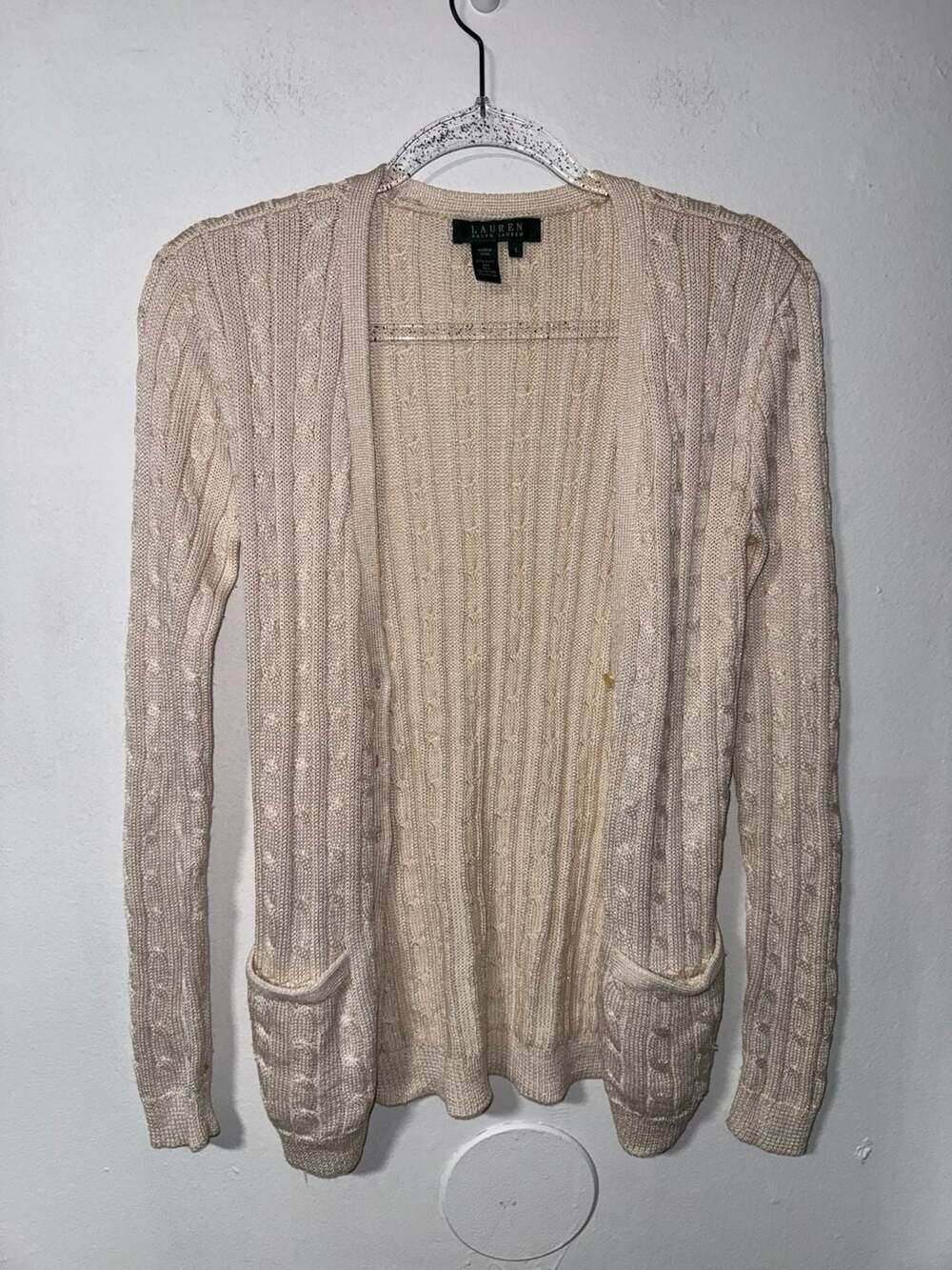 Lauren Ralph Lauren Women's Beige Silk Blend Cable Knit Open Front Cardigan Swea